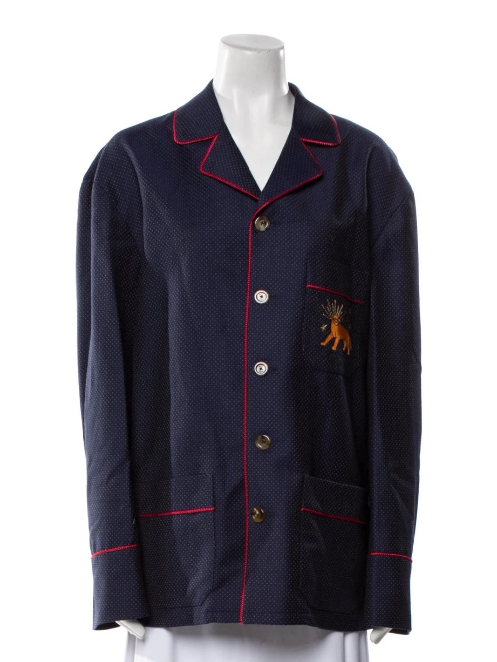 Gucci Navy Jacket with Red Piping and Embroidered Chest Motif